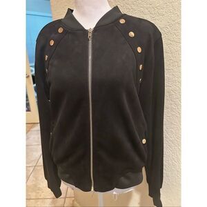 Haute Monde Women's L Black Zip Flight Jacket Gold Studded Edgy Alternative NWT